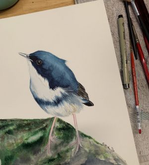 blue and white bird painting