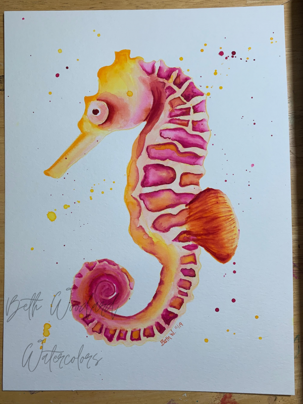 Splatter Seahorse watercolor