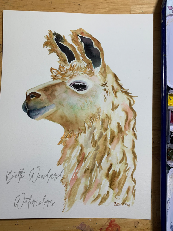 golden llama watercolor