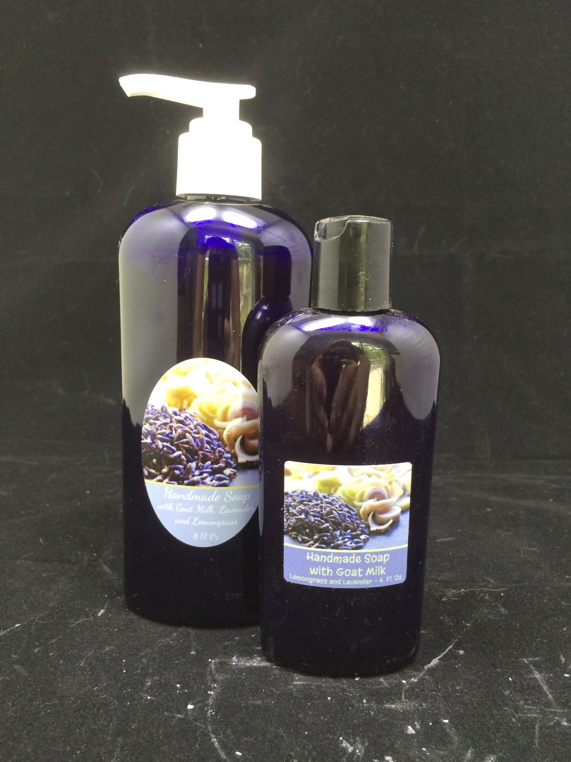 liquid soap with lavender, lemongrass, and goat milk