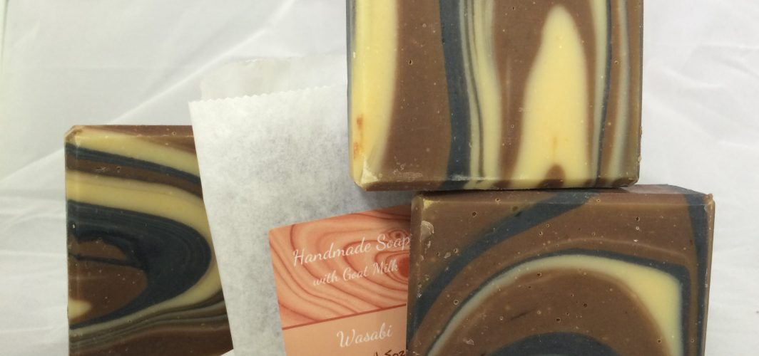 handmade soap with wood grain pattern and wasabi fragrance